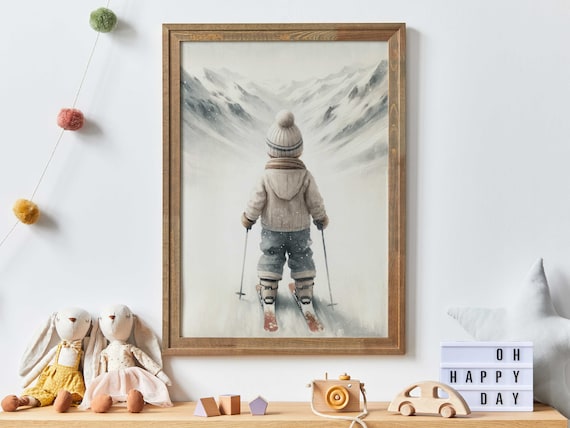 Skiing Nursery Art, Boy's Winter Decor Art Print
