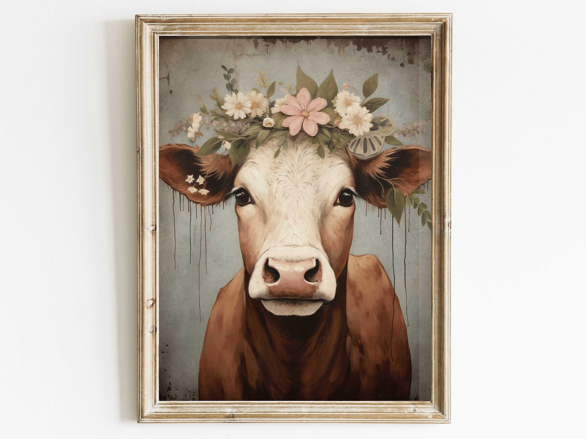 Brown Cow with Flower Crown Rustic Farmhouse Portrait Poster