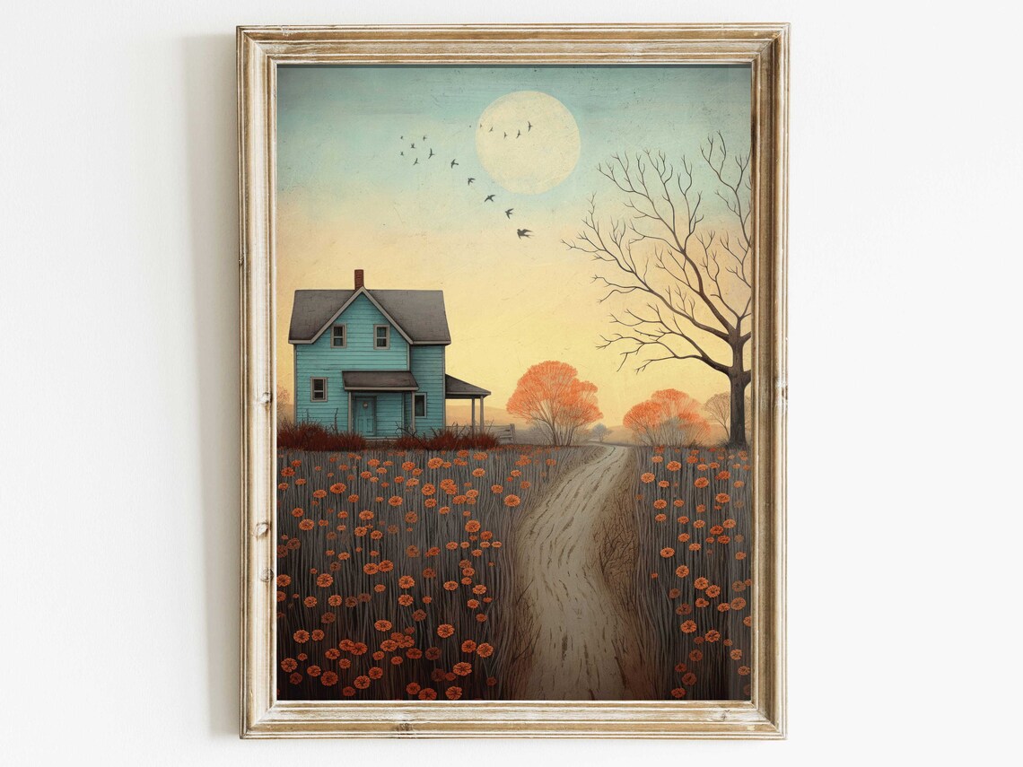 Countryside Landscape Art Print, Rustic Country House