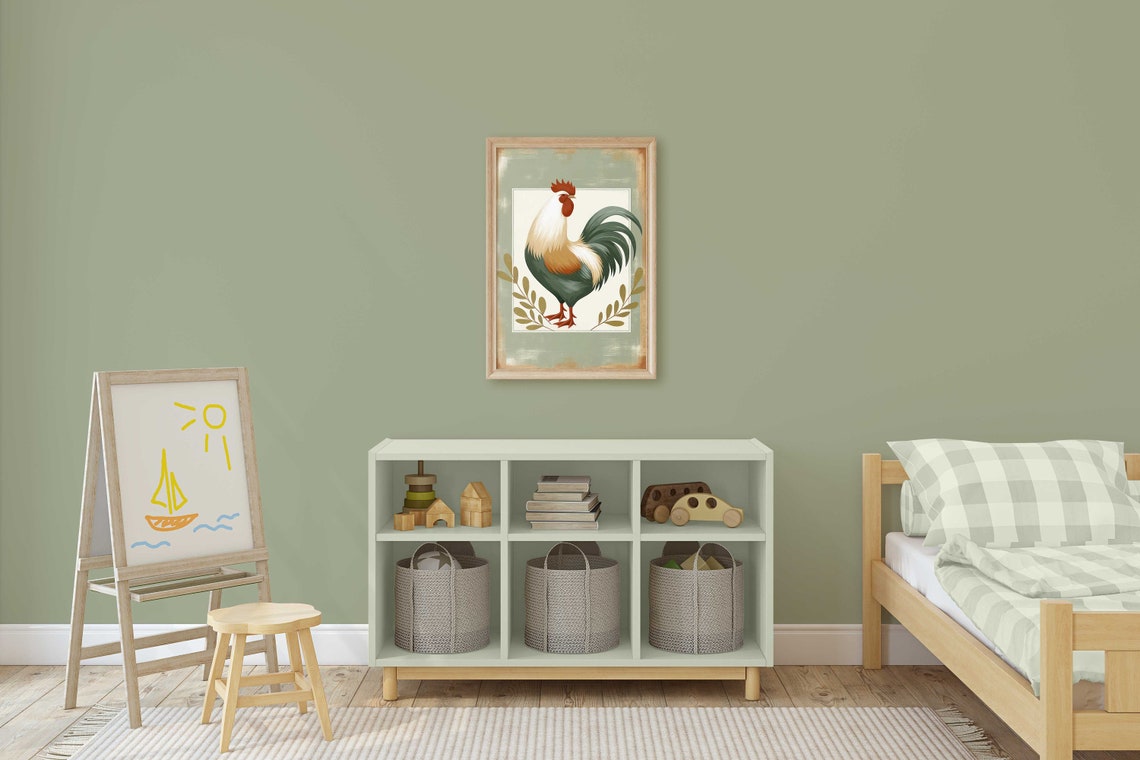 Proud Folk Art Rooster on Sage Green Farmhouse Kitchen Poster - Image 2