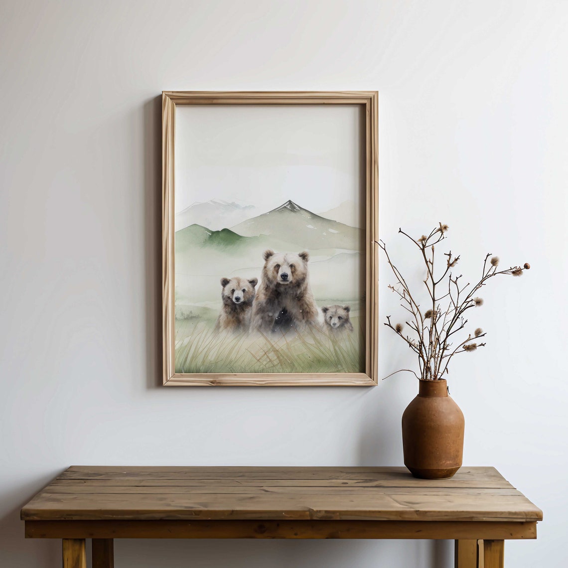 Watercolor Bear Mother and Cubs in Misty Mountain Meadow Poster - Image 2