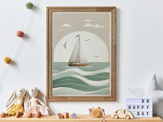 Sailboat On Ocean Waves Beneath Giant Sun Retro Nautical Poster