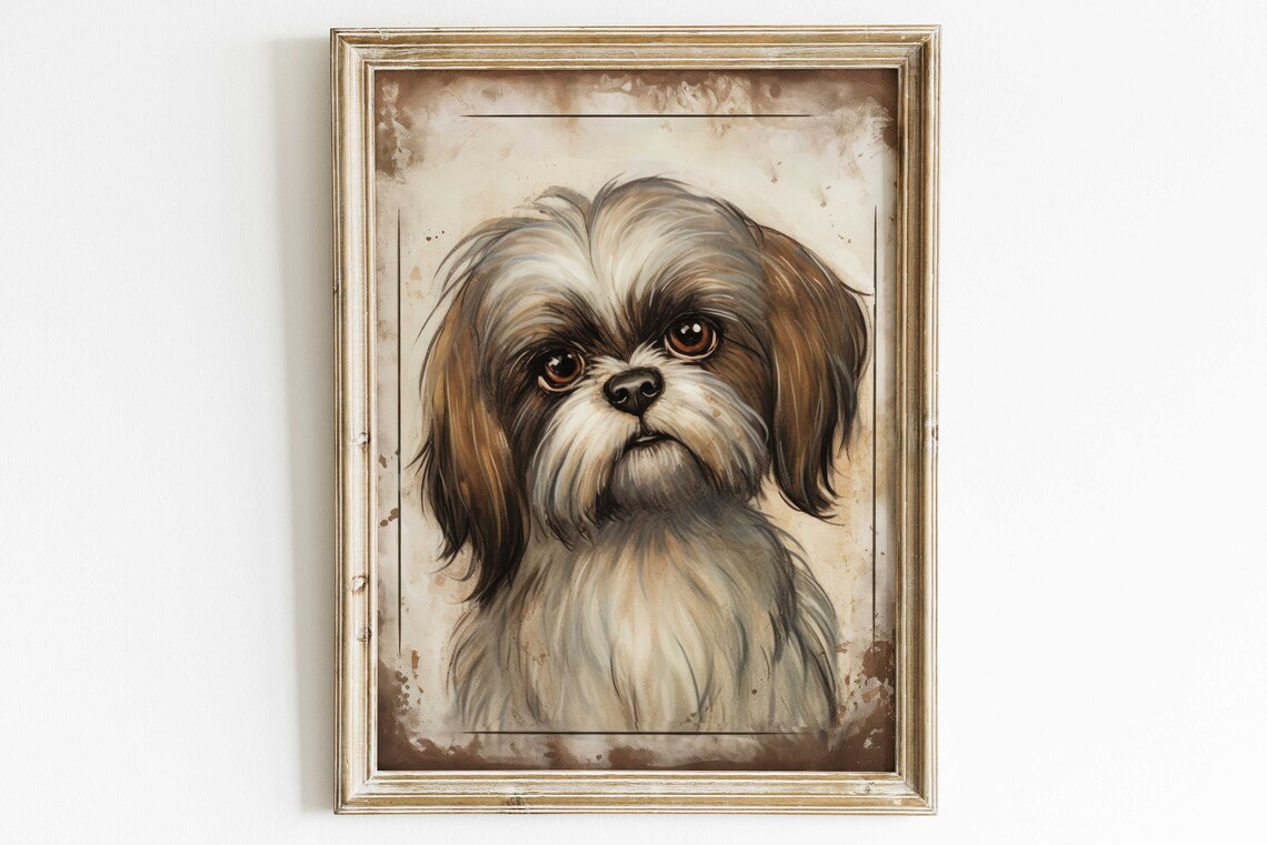 Vintage Shih Tzu Dog Portrait In Rustic Sepia Art Style Poster