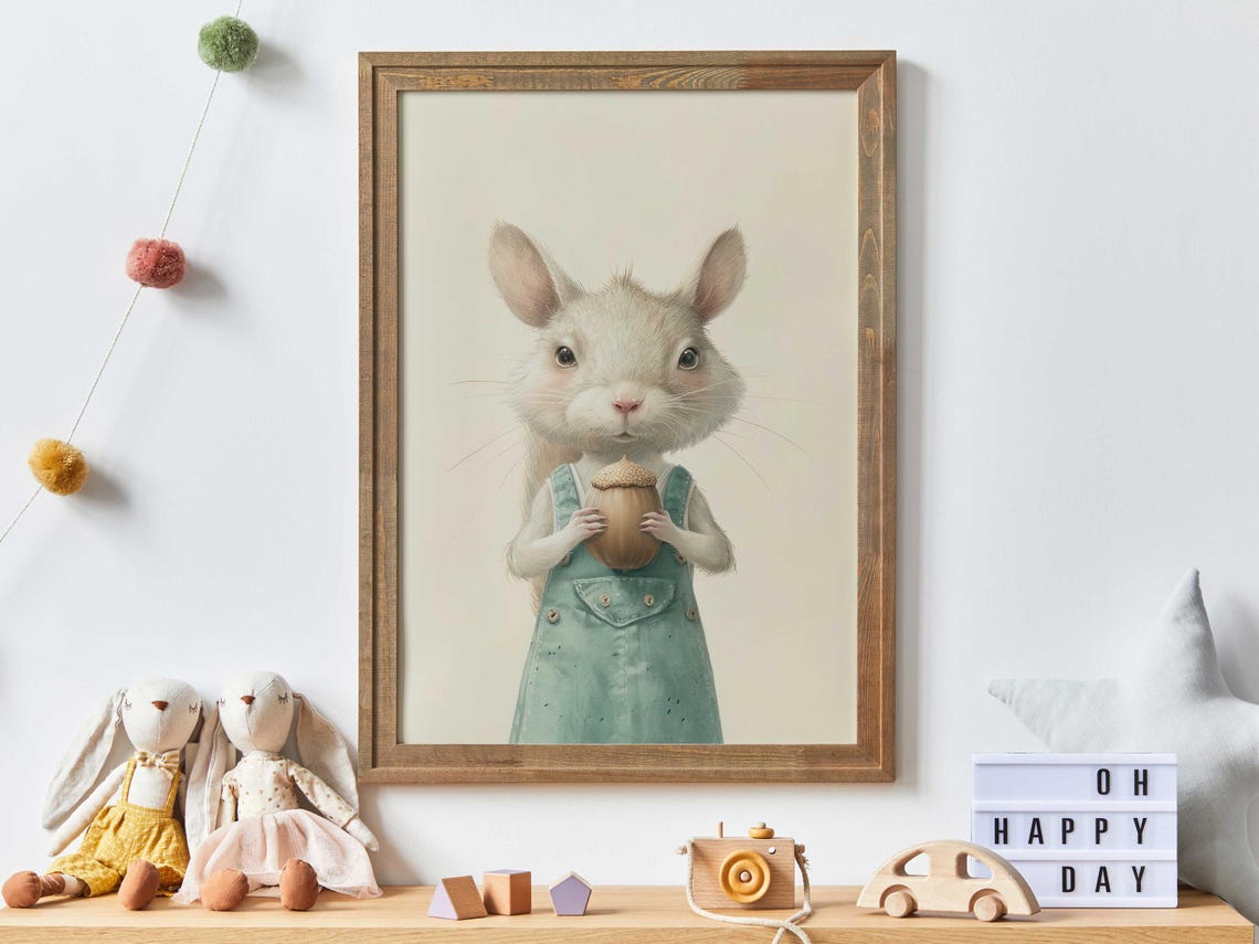 Squirrel in Green Overalls Holding Acorn Cute Nursery Art Poster