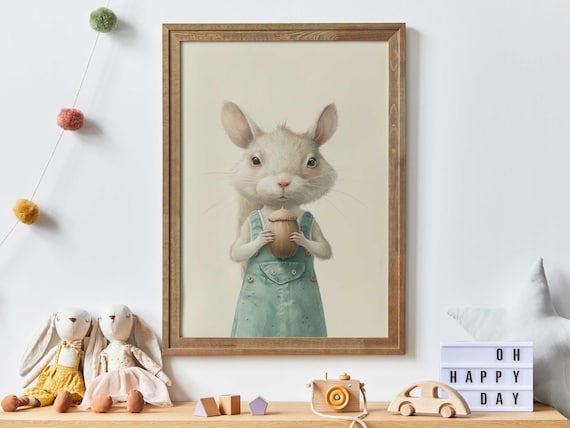 Squirrel in Green Overalls Holding Acorn Cute Nursery Art Poster