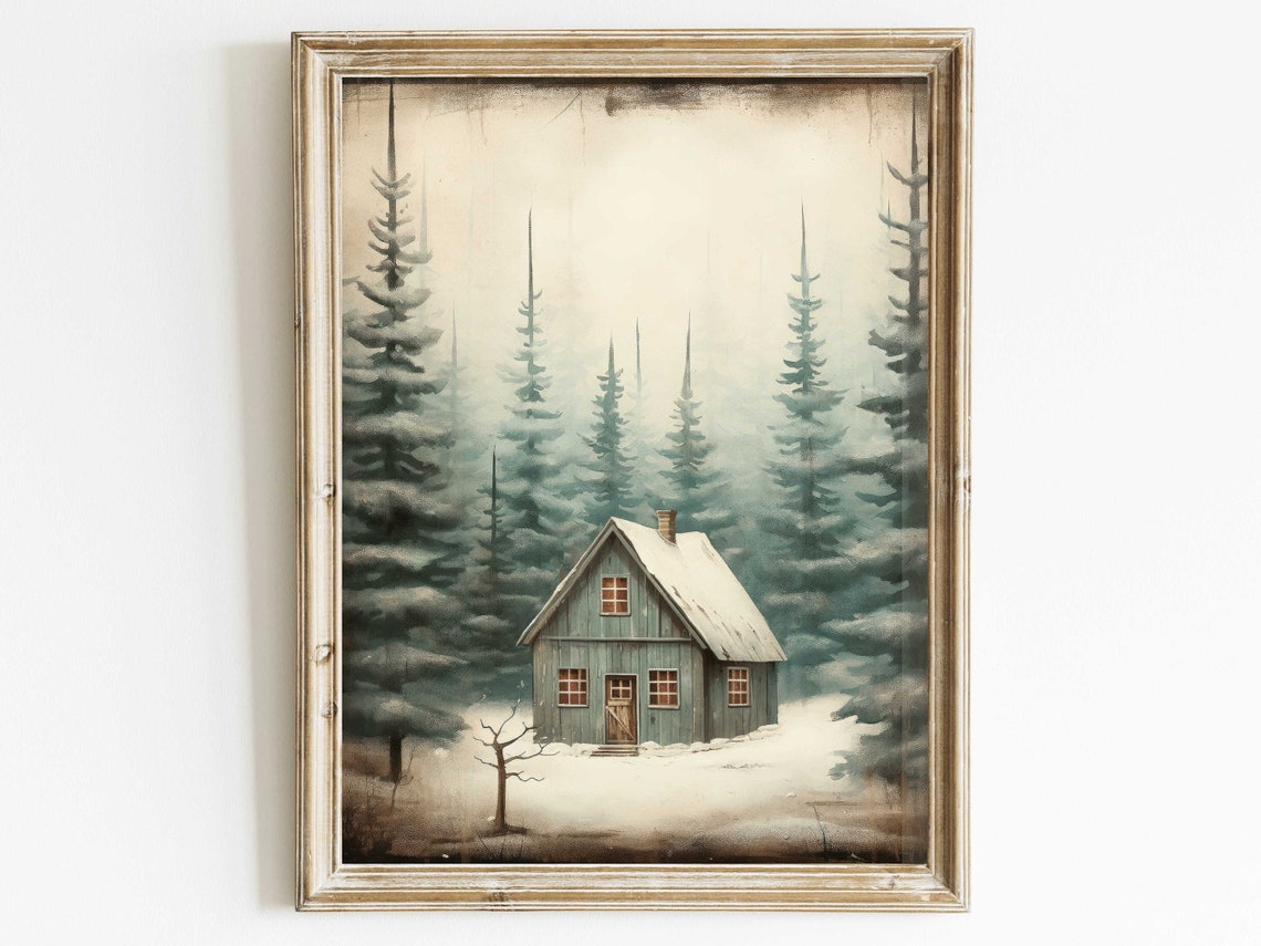 Snowy Cabin in Misty Pine Forest Winter Landscape Art Poster