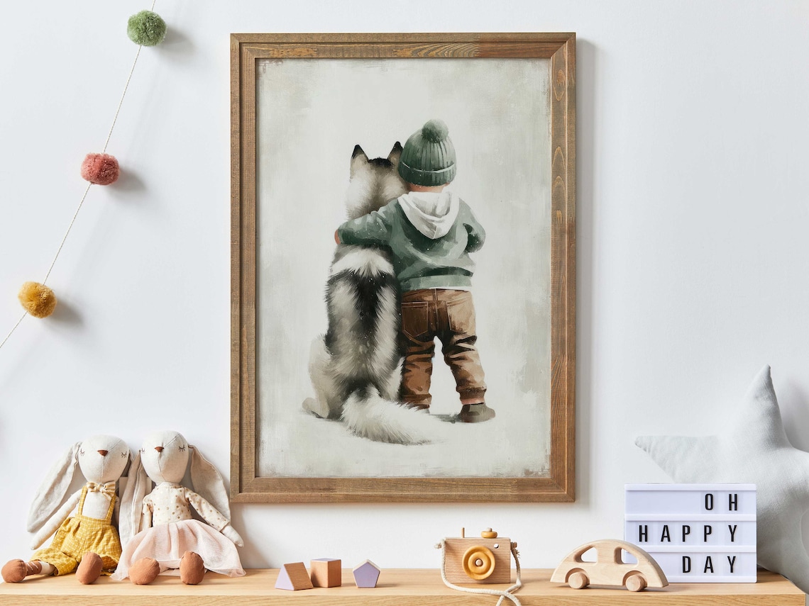 Siberian Husky Nursery Decor, Rustic Kids Art Print
