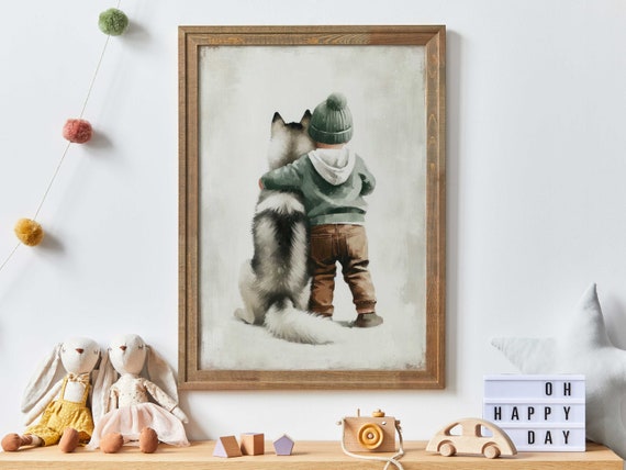 Siberian Husky Nursery Decor, Rustic Kids Art Print