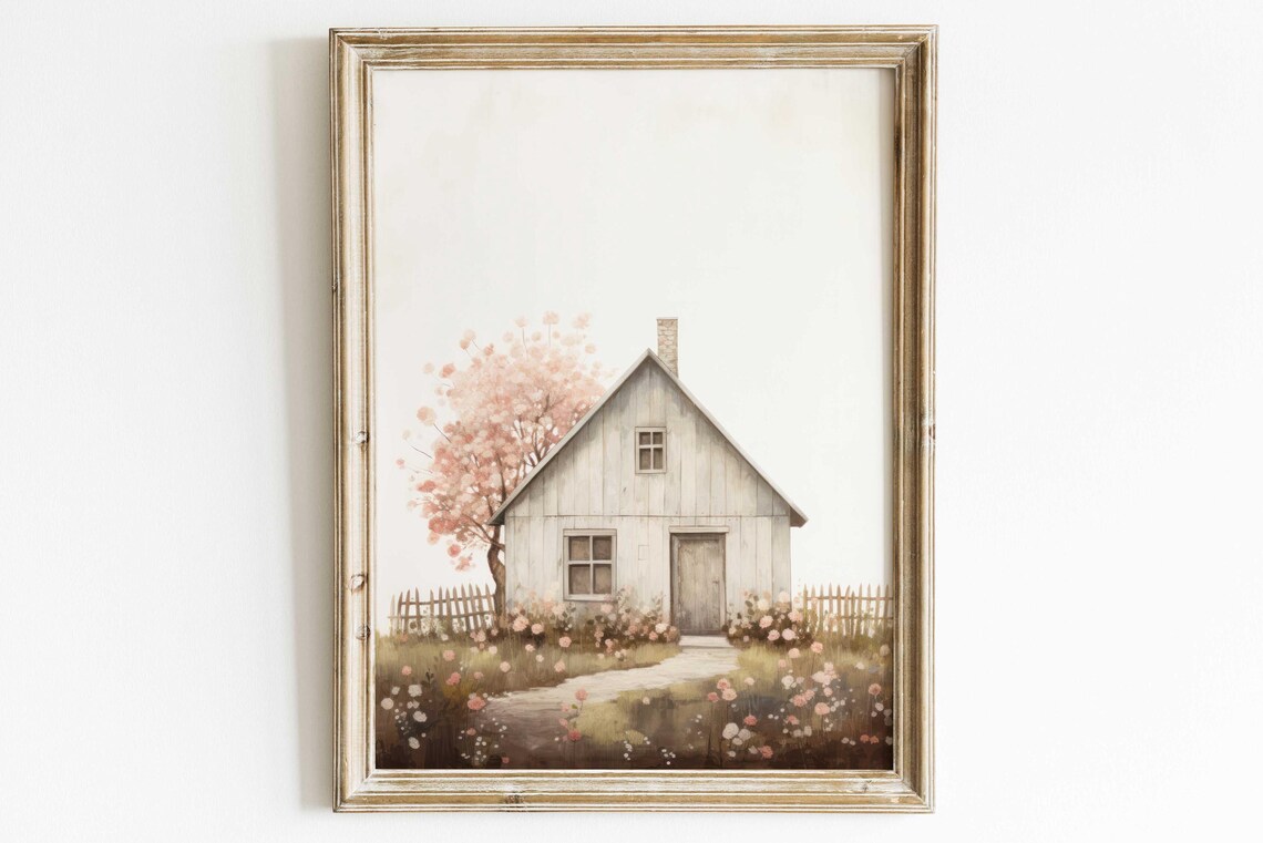 Vintage Old House Painting Cherry Blossom Tree Art Print