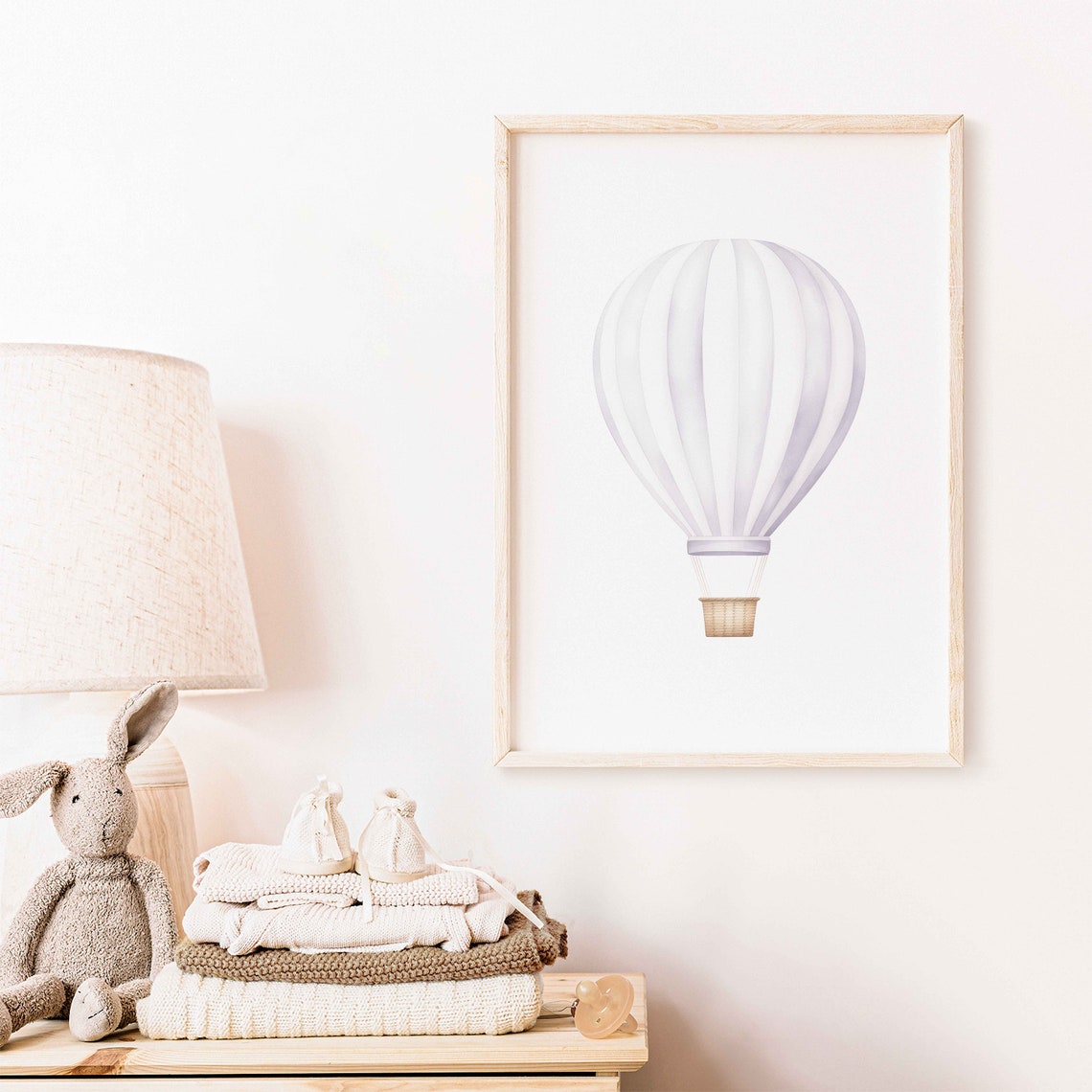 White Striped Hot Air Balloon Minimalist Nursery Watercolor Poster - Image 2