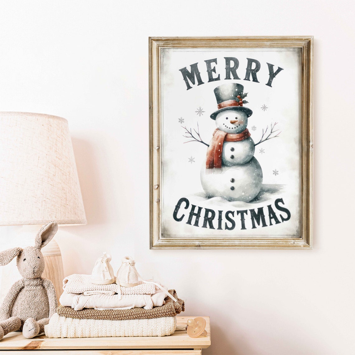 Cheerful Merry Christmas Snowman in Top Hat Vintage Holiday Poster - Image 2