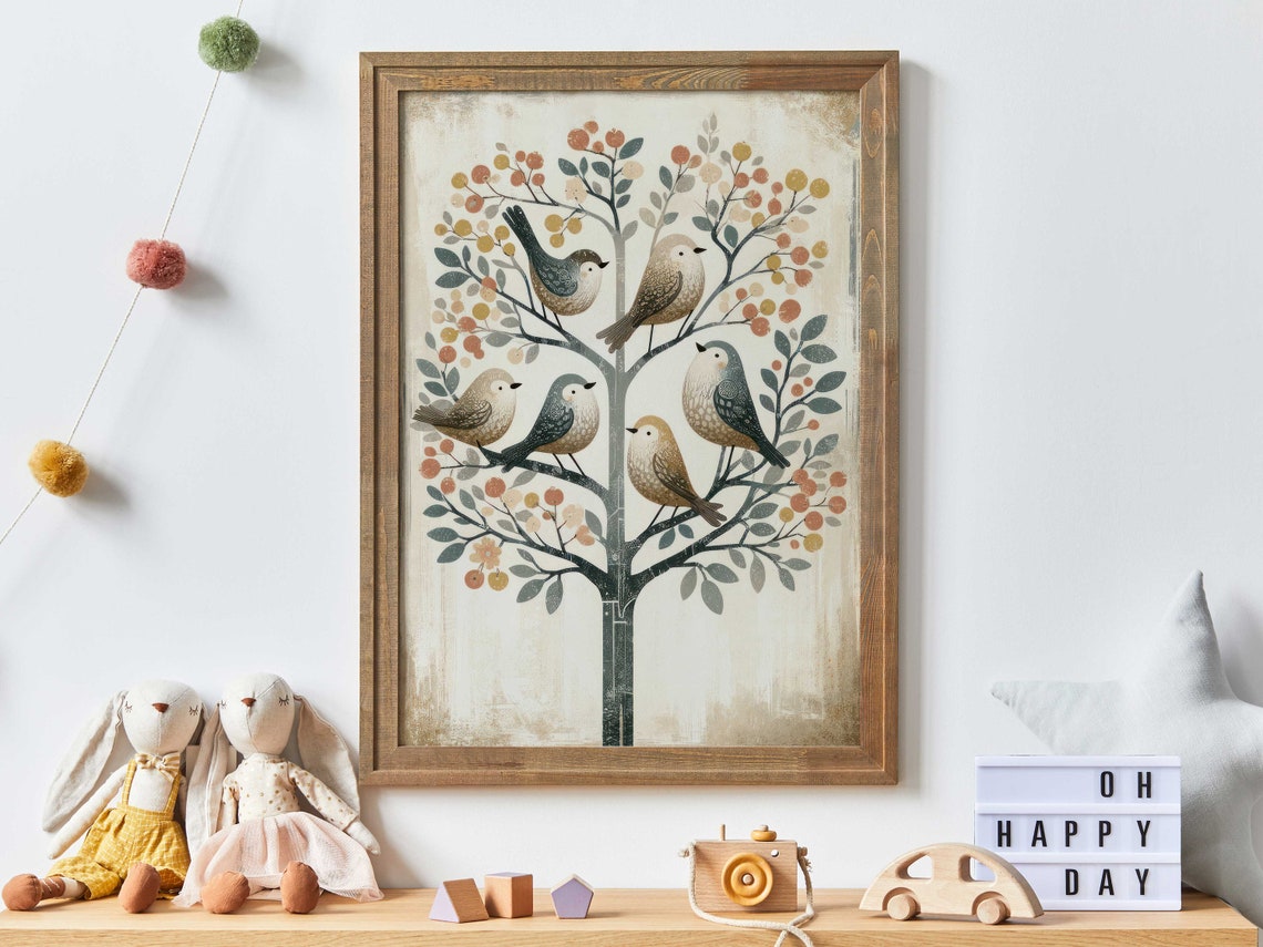 Six Birds On Berry Tree Poster Vintage Rustic Farmhouse Animal Decor - Image 3