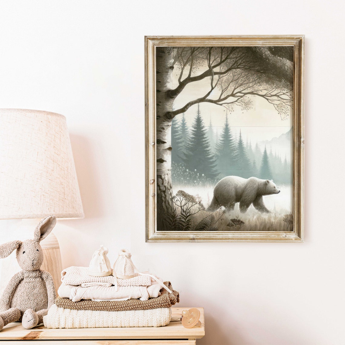 White Bear Walking Through a Misty Pine Forest Landscape Poster - Image 2