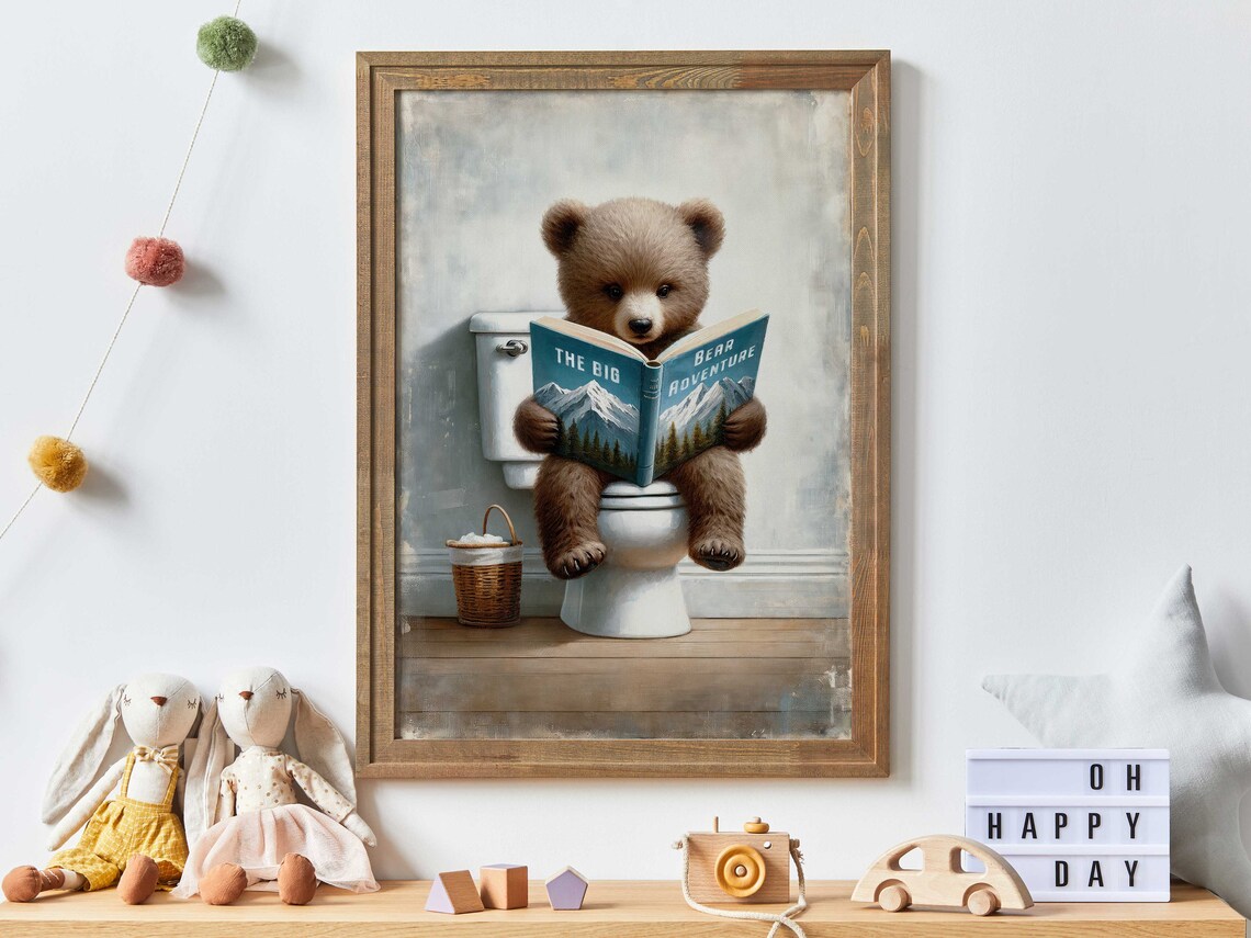 Bear Reading Book Nursery Art, Kids Bedroom Study Room