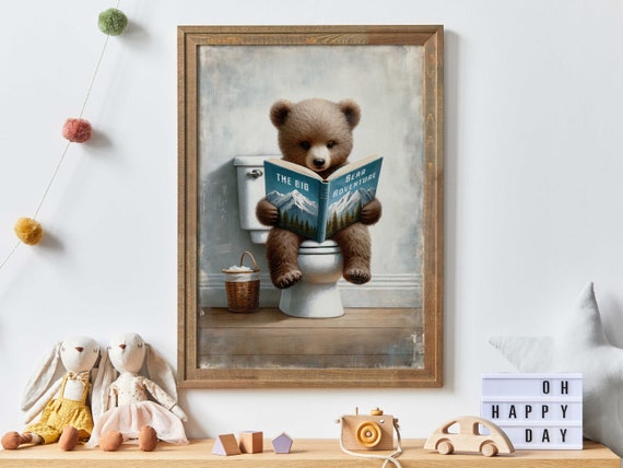 Bear Reading Book Nursery Art, Kids Bedroom Study Room