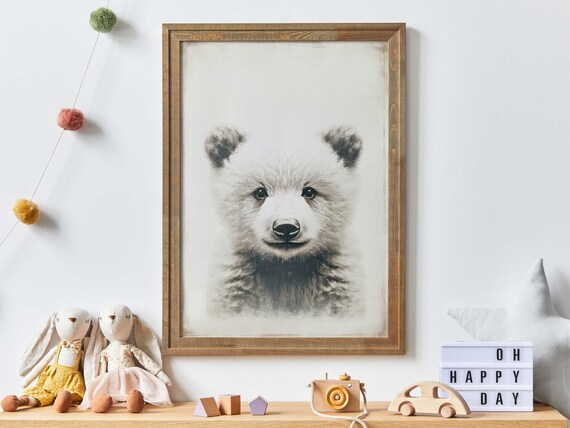Baby Bear Cub Face Sweet Black and White Nursery Animal Poster