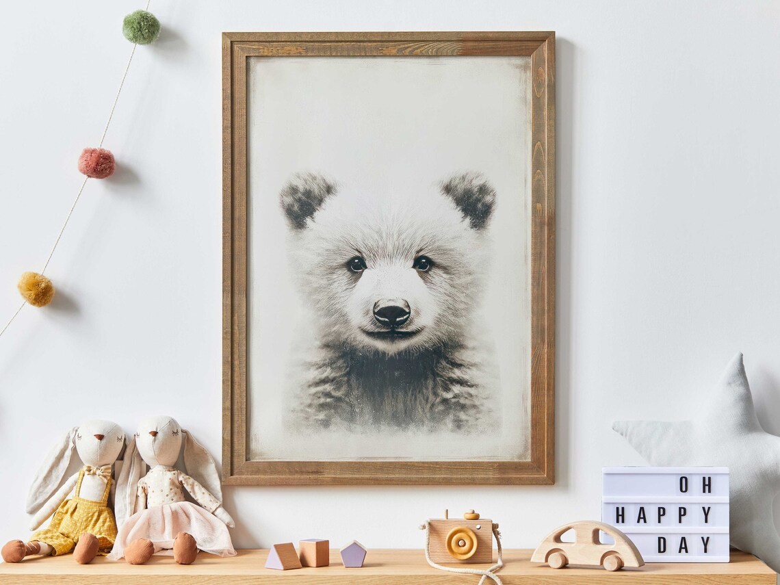 Baby Bear Cub Face Sweet Black and White Nursery Animal Poster
