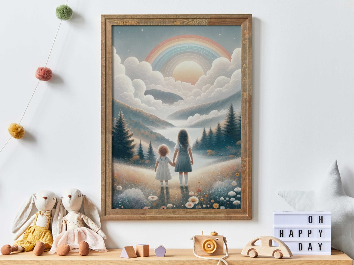 Two Sisters Holding Hands Under Rainbow Mountain Lake Art Poster