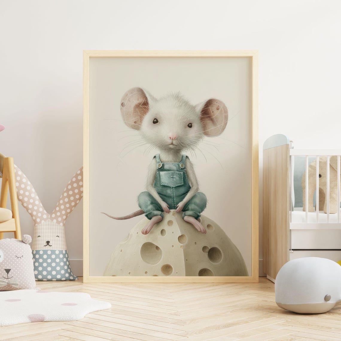 White Mouse in Overalls Sitting on Giant Cheese Whimsical Poster - Image 2