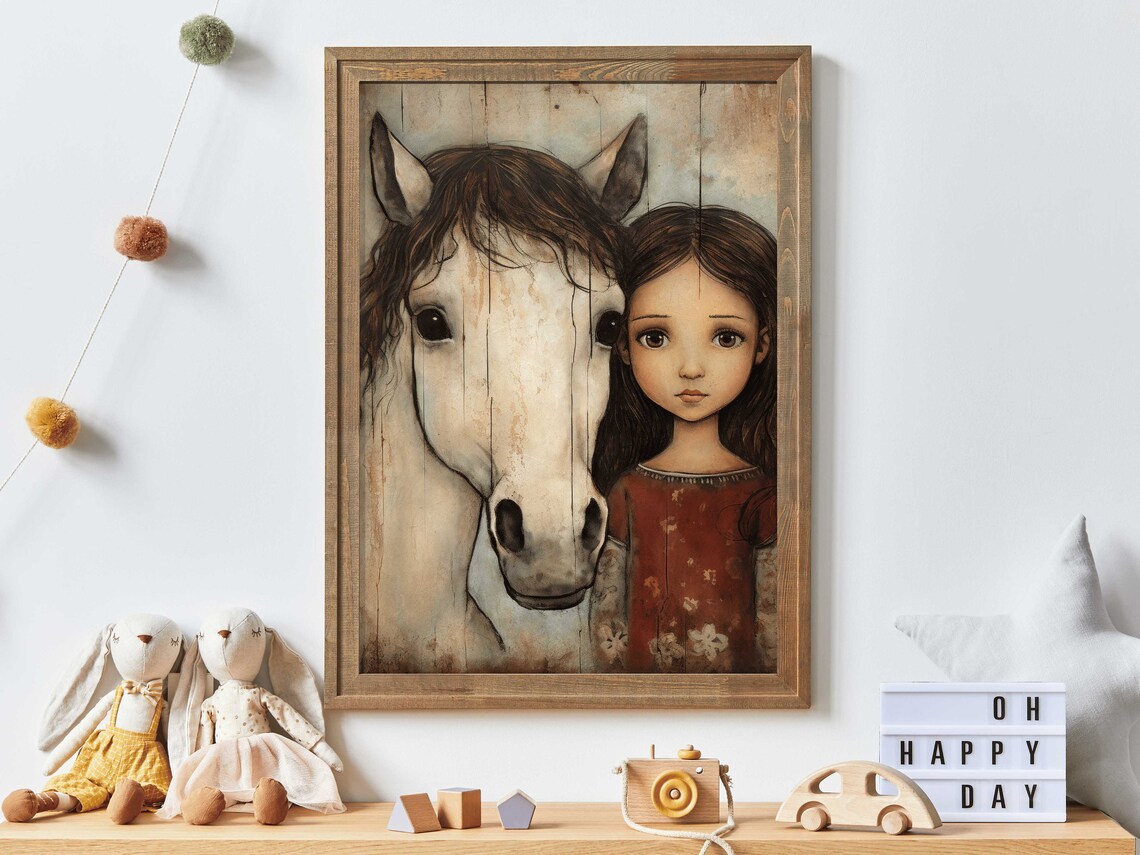 Little Girl And White Horse Portrait In Rustic Vintage Painting Style Print