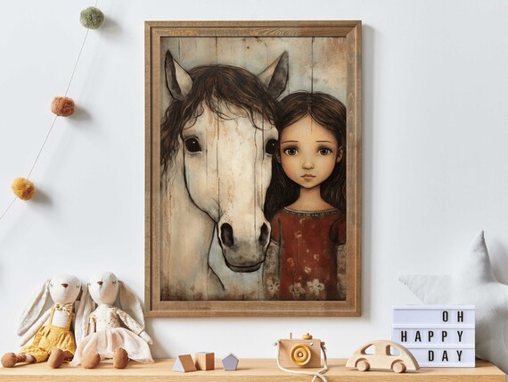 Little Girl And White Horse Portrait In Rustic Vintage Painting Style Print