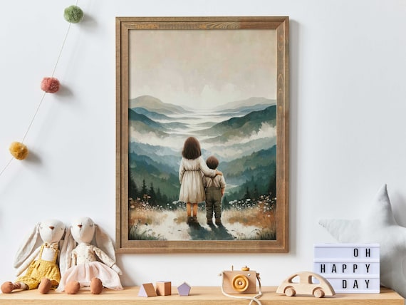 Brother and Sister Gazing at Misty Blue Mountains Landscape Poster