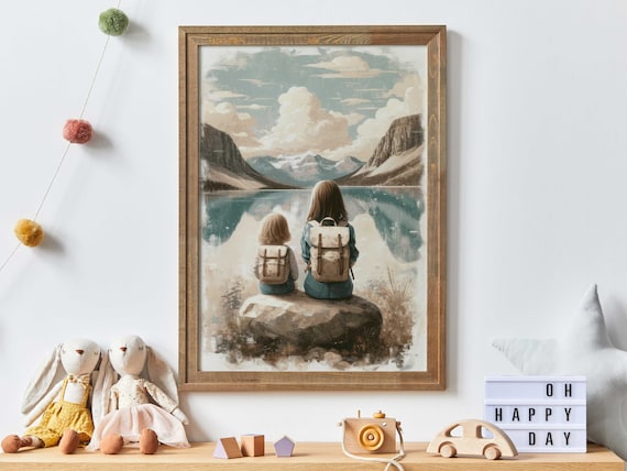 Two Sisters with Backpacks Overlooking the Mountain Lake Poster