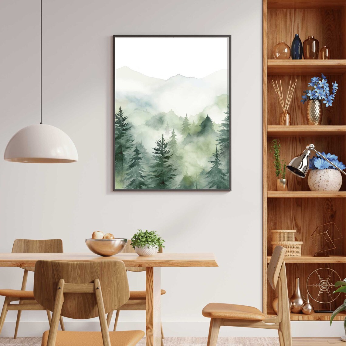 Misty Forest Mountain Watercolor Landscape Art Print - Image 2
