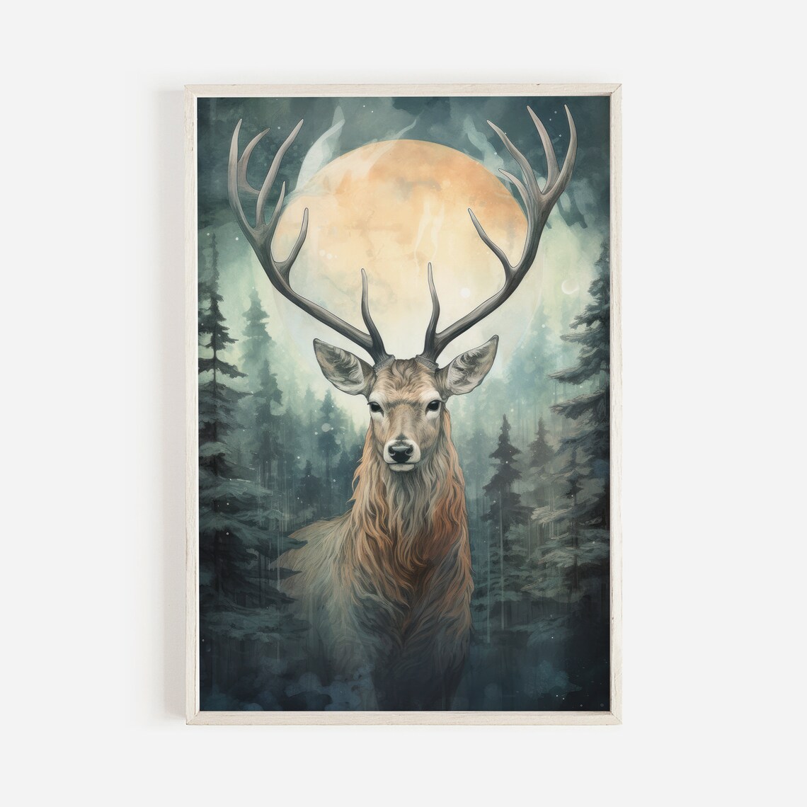 Majestic Stag with Antlers Under Full Moon in Misty Forest Poster - Image 2