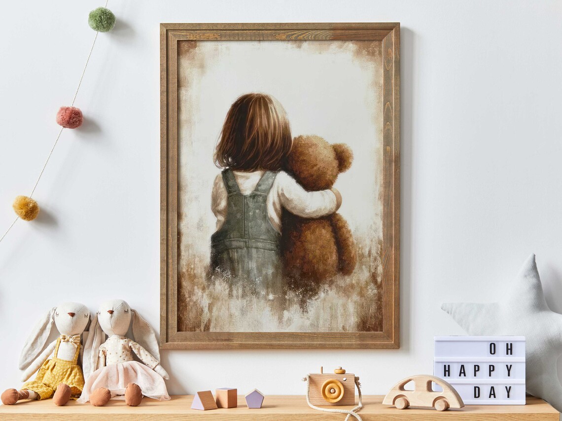 Girl Teddy Bear Vintage Nursery Art Print