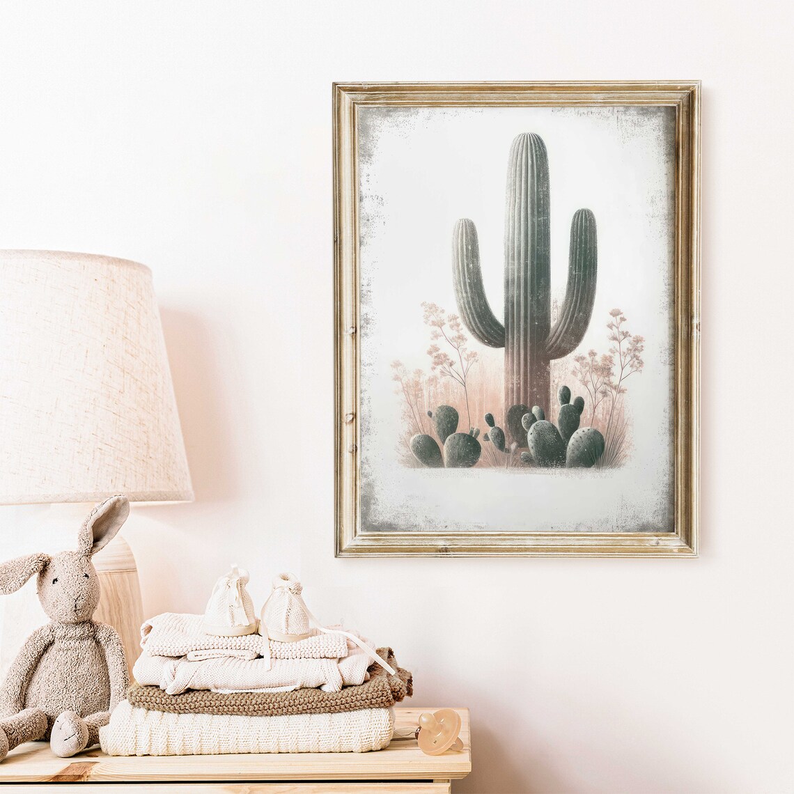 Tall Saguaro Cactus With Prickly Pear Vintage Desert Wall Art - Image 2