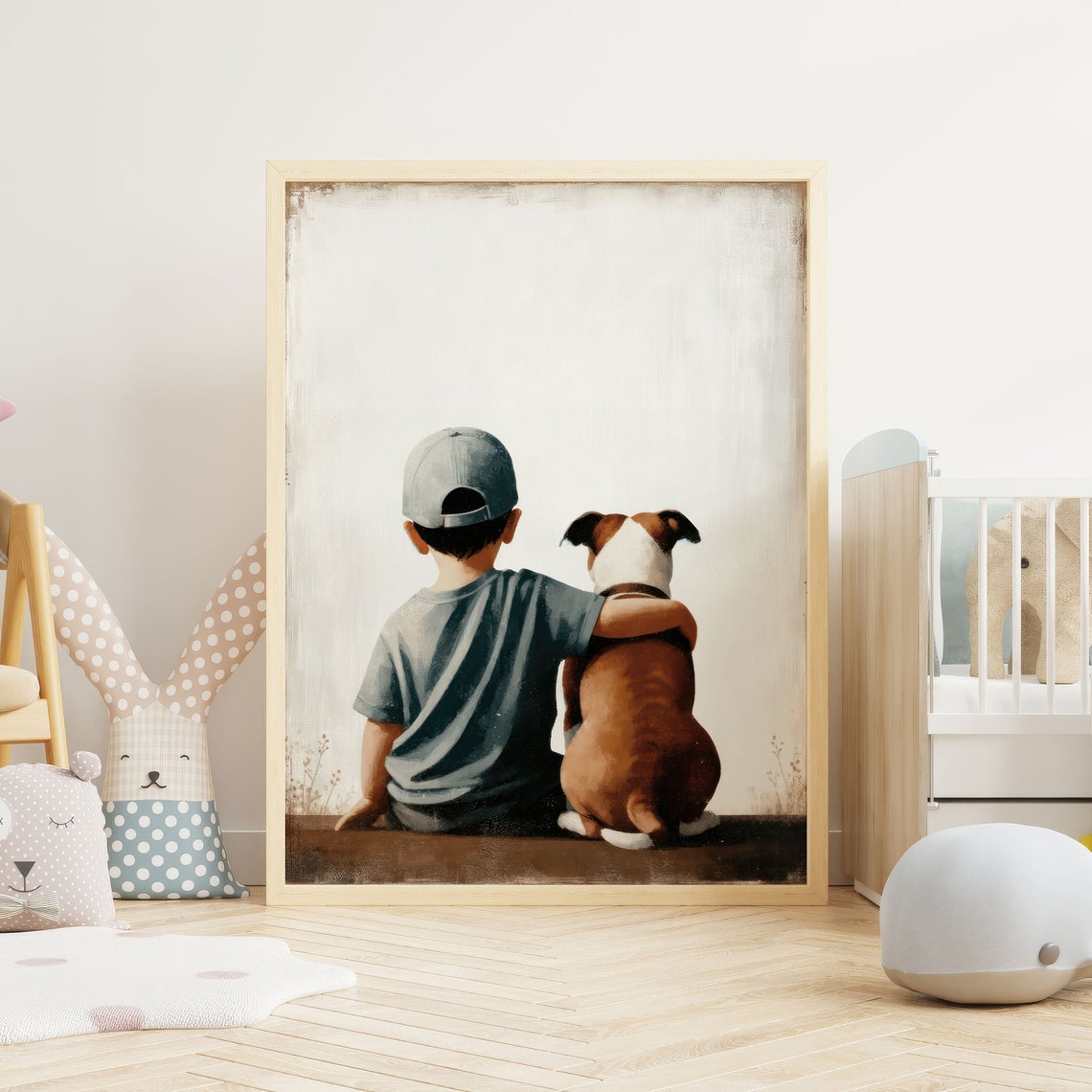 Boy in a Baseball Cap Hugging His Brown Dog Vintage Art Poster - Image 2