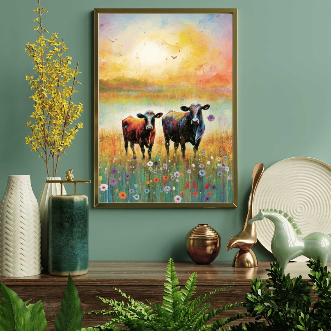 Two Cows in Sunset Wildflower Meadow Poster Colorful Farm Animal Art - Image 2