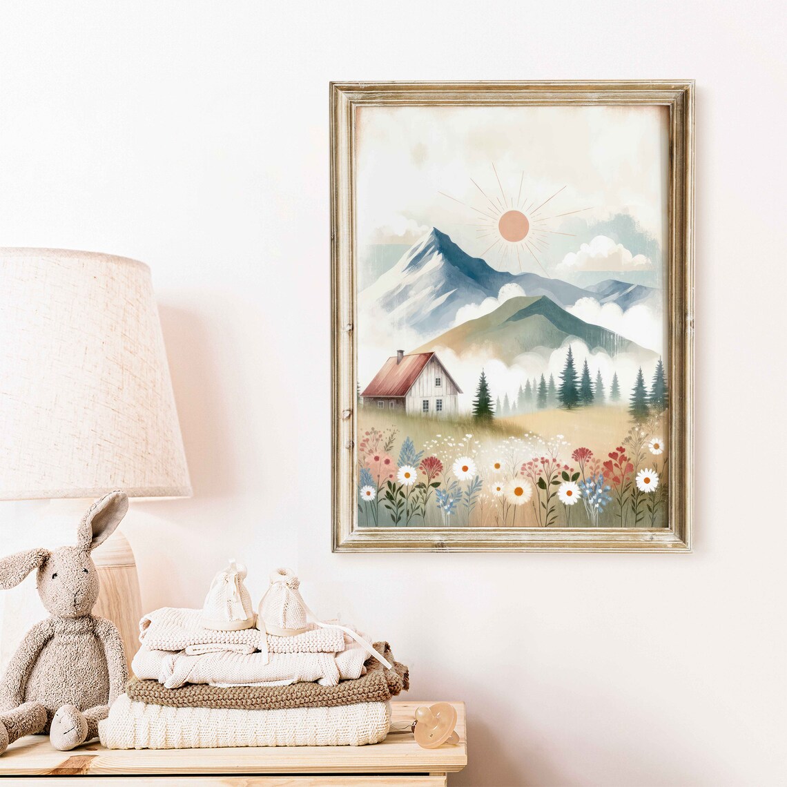 Mountain Cabin with Red Roof and Wildflowers Nursery Wall Art - Image 2