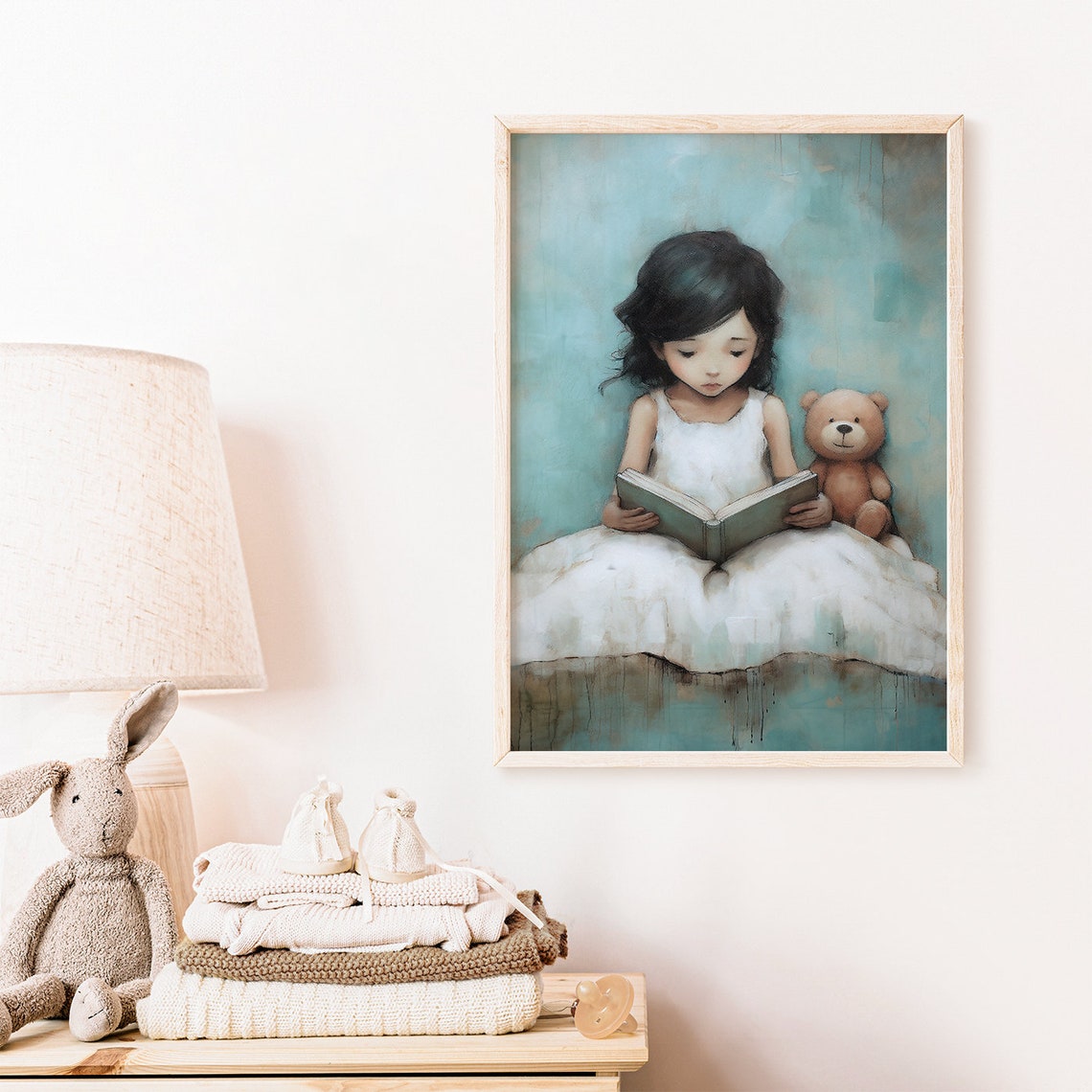 Little Girl Reading with Teddy Bear Soft Turquoise Nursery Wall Poster - Image 2