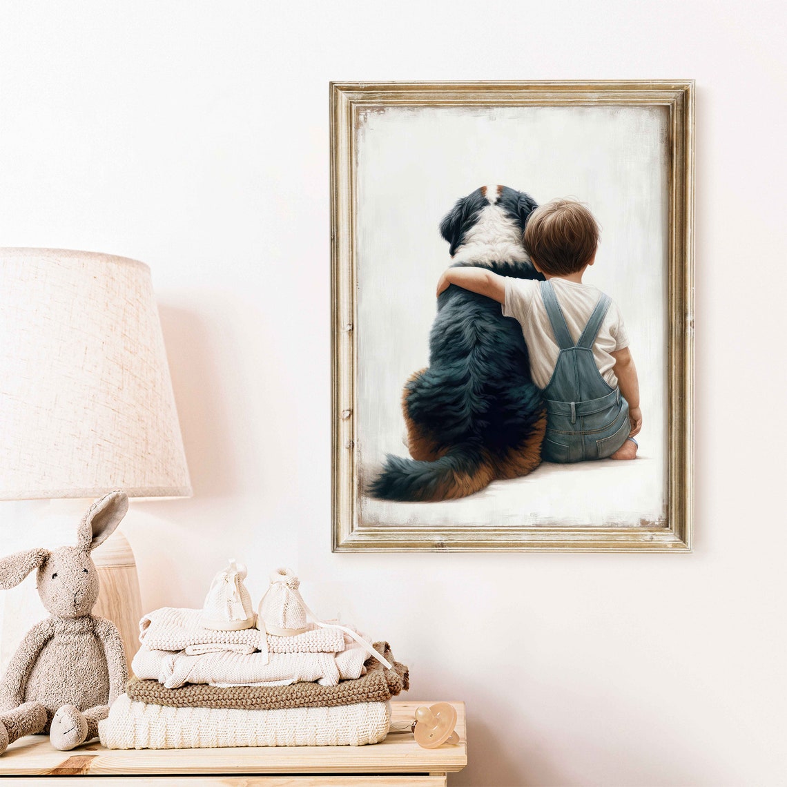 Toddler Boy Hugging Bernese Mountain Dog Sweet Nursery Wall Art - Image 2