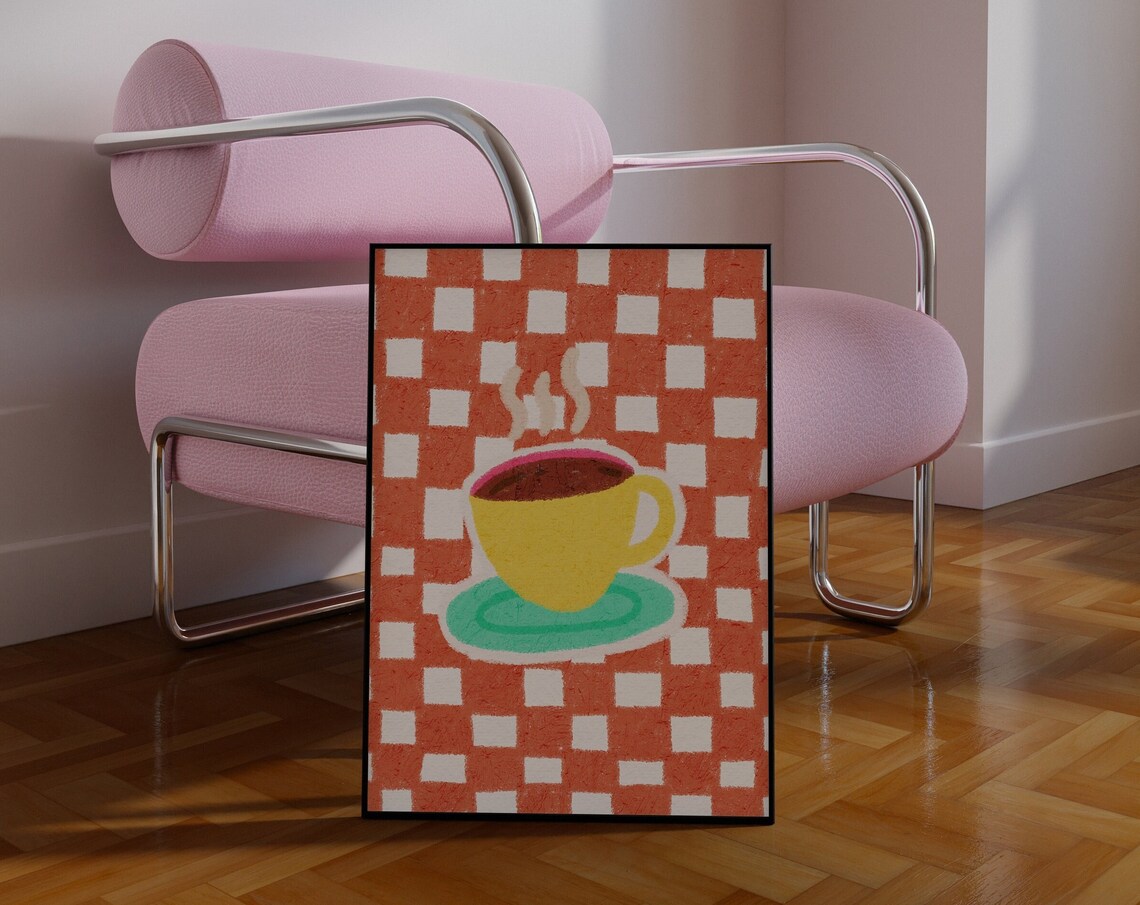 Yellow Coffee Cup Checkered Red Kitchen Illustration Art Print