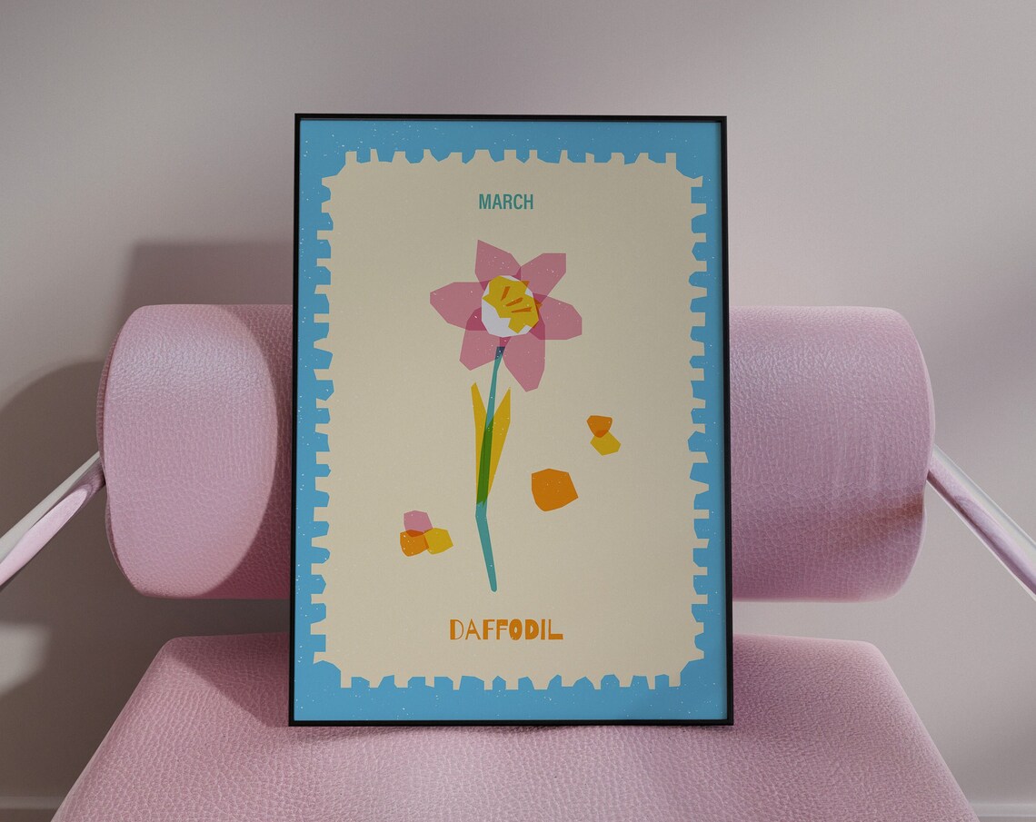 March Daffodil Birth Flower Stamp Style Botanical Art Poster
