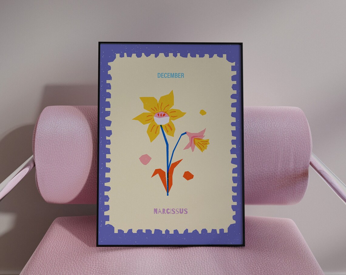 December Narcissus Birth Flower Stamp Style Botanical Art Poster