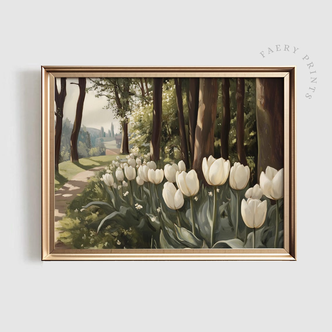 White Tulips Blooming Along Woodland Path Spring Garden Poster