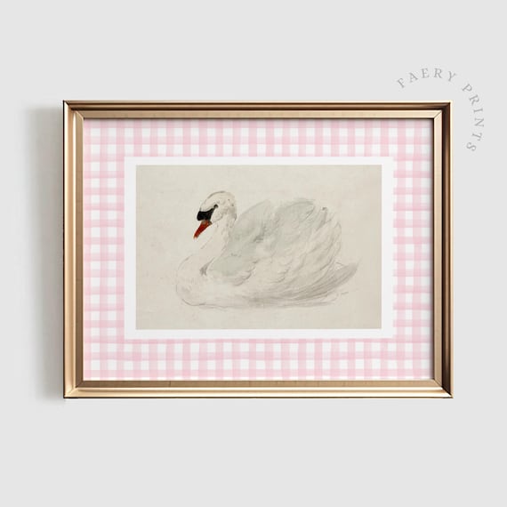 Swan Nursery Print Vintage Style Girls Wall Art Pink Gingham Decor Antique 1211