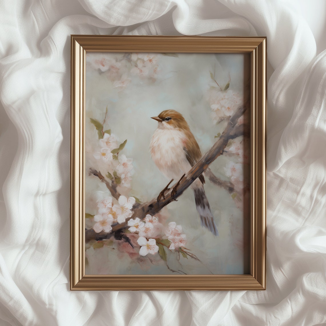 Songbird on Cherry Blossom Branch Soft Spring Watercolor Poster - Image 4