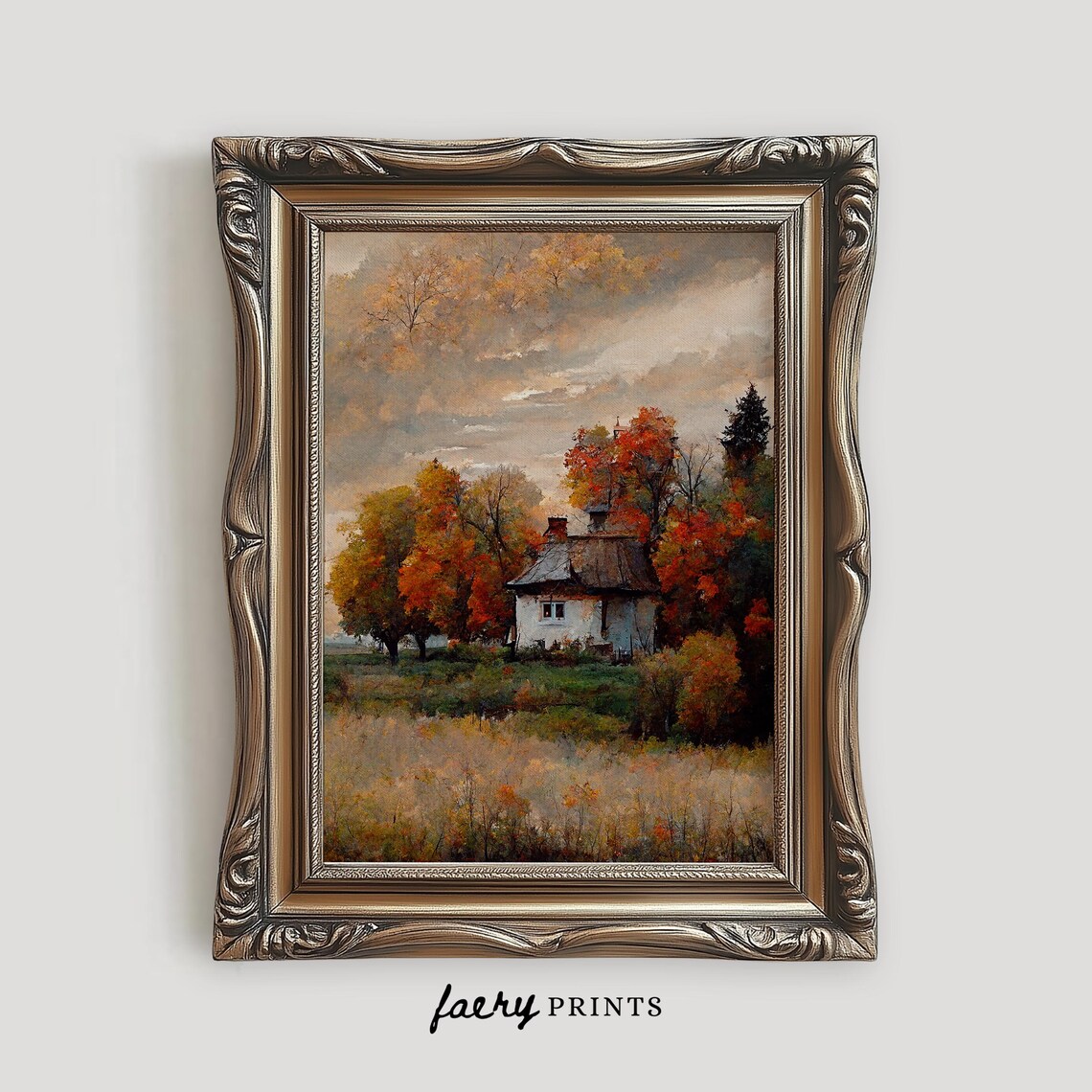 Fall Farmhouse Landscape Art Print, Rustic Countryside