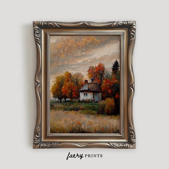 Fall Farmhouse Landscape Art Print, Rustic Countryside