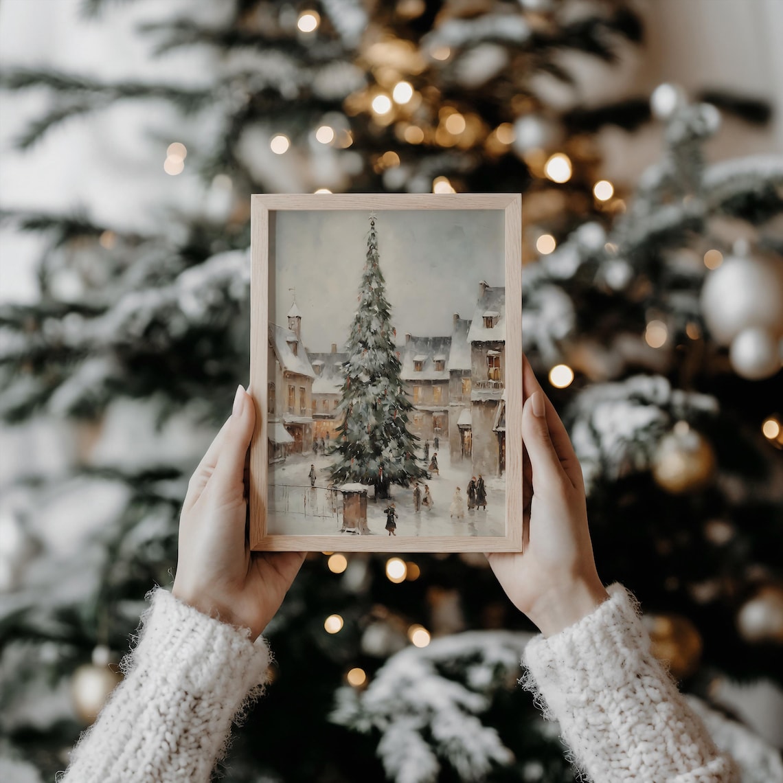 Winter Village Christmas Tree Art Print, Vintage - Image 3