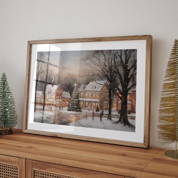 Christmas Village Art Print, Winter Holiday Scene