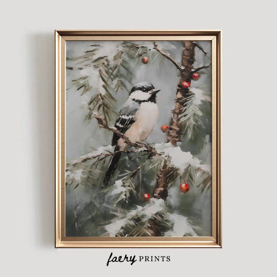Winter Bird Berry Tree Art Print, Holiday Home Decor