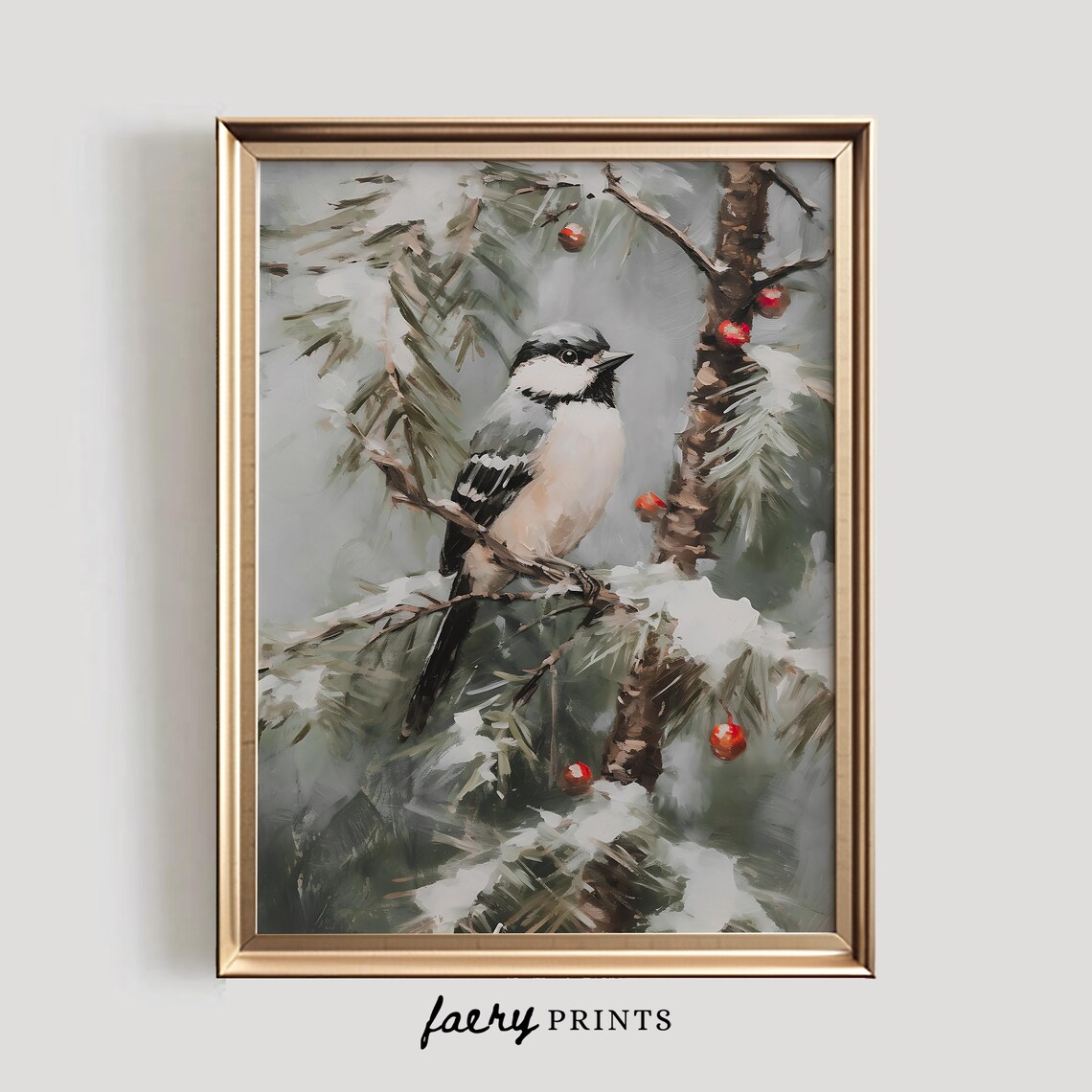 Winter Bird Berry Tree Art Print, Holiday Home Decor