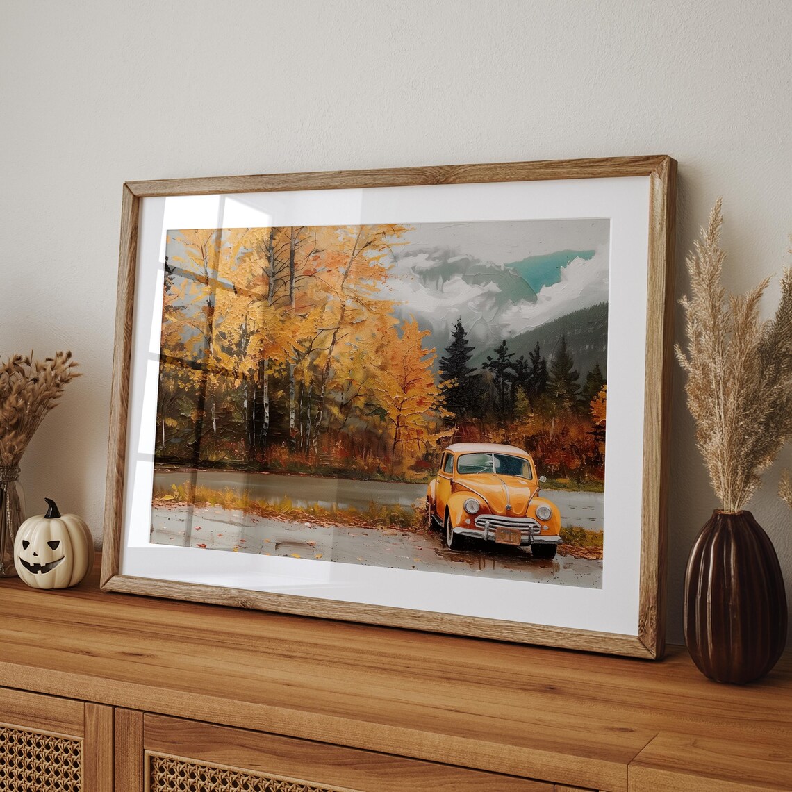 Orange Vintage Car in Autumn Forest Landscape Oil Painting Poster - Image 5