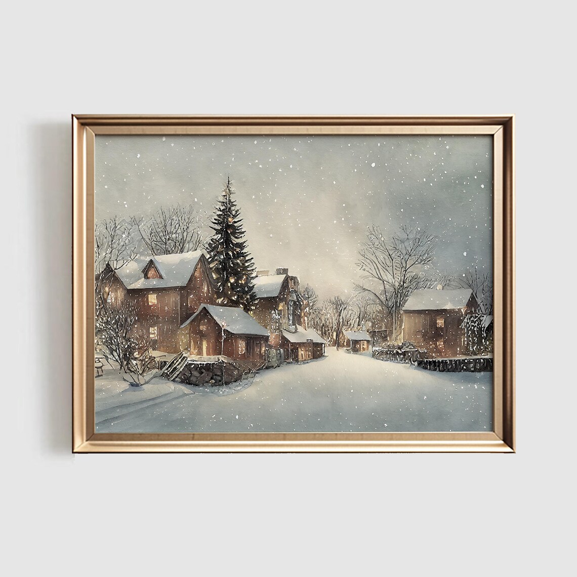 Winter Village Watercolor Christmas Art Print